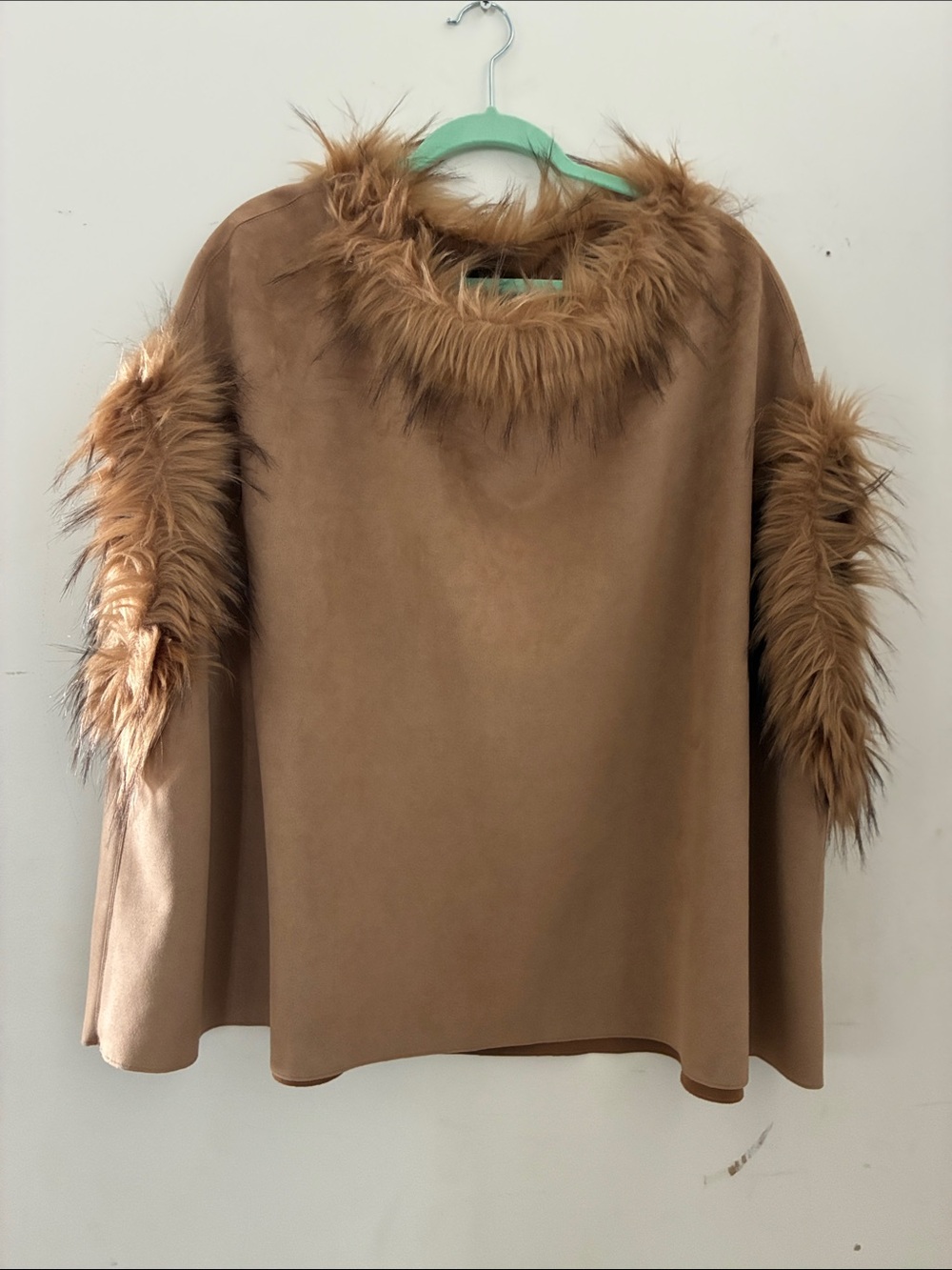 Love Token Camel Poncho with Faux Fur Trim